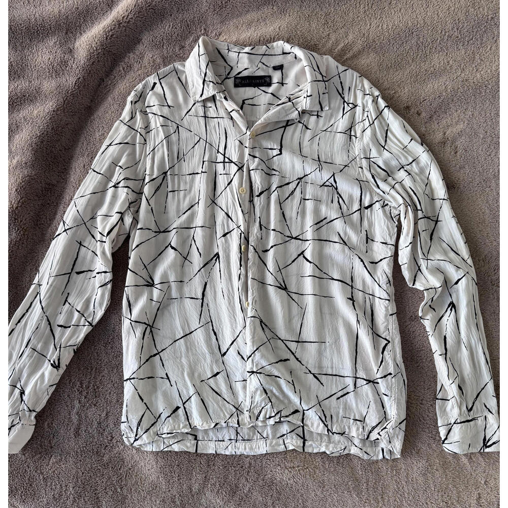 AllSaints White Long Sleeve Button-Up Shirt with Black Line-
